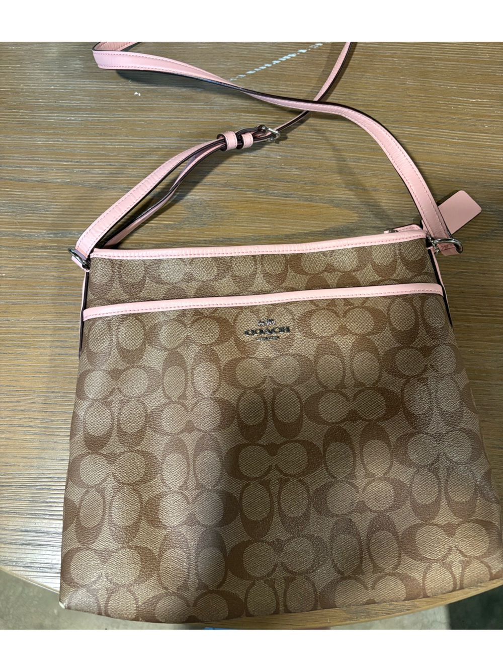 Coach Brown Signature Shoulder Bag with Pink Trim